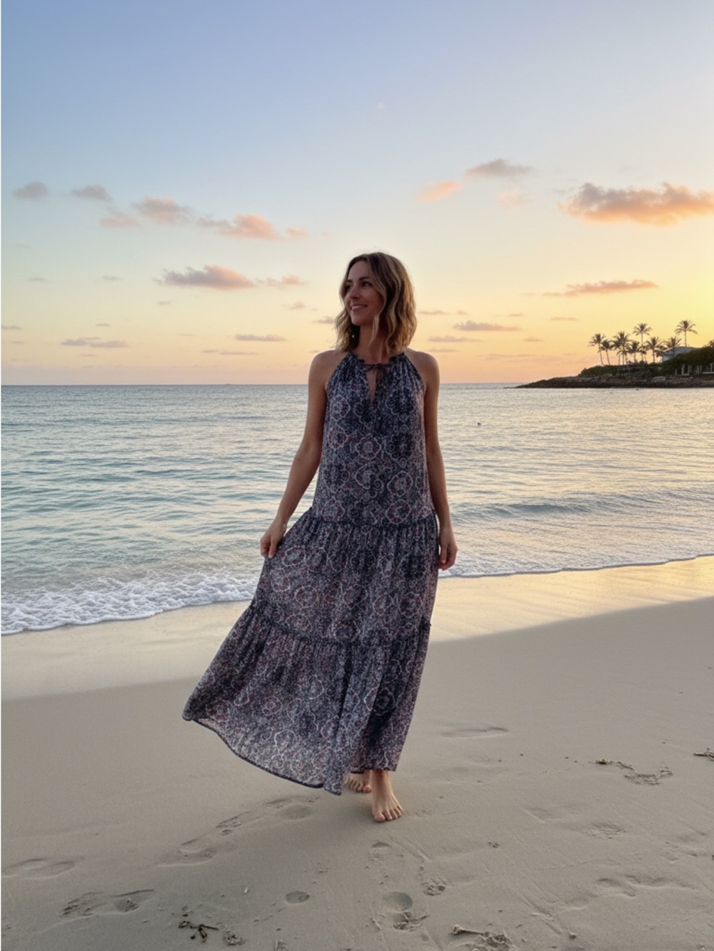 Navy Medallion-Print Beach Bohemian Style Maxi Dress